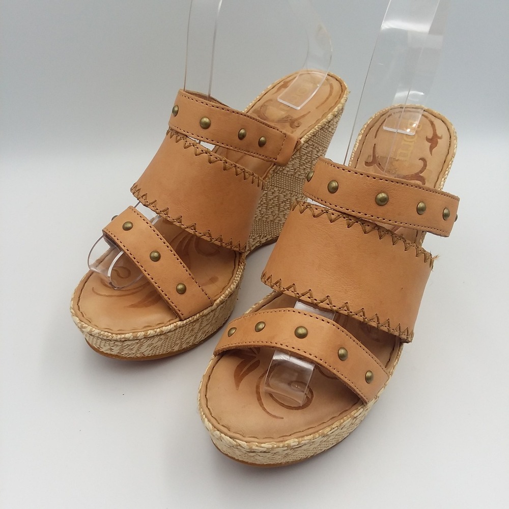 Born Borini Tan Leather Raffia Wedge Sandals Studded Straps Women's 9M Boho - Picture 2 of 16